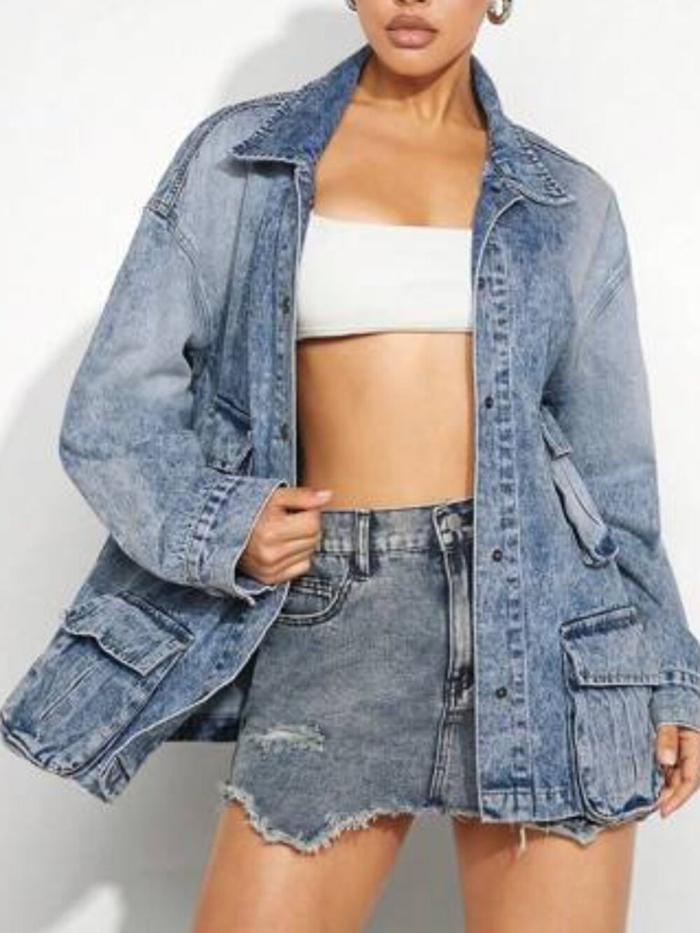 Shein Denimoi Casual Cargo Drop Shoulder Denim Jacket blue acid-wash size Small